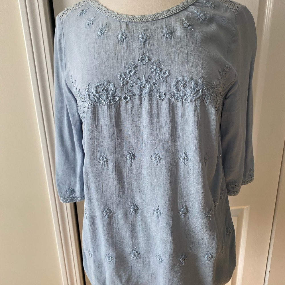 Light Blue Embroidered Women's Blouse - Elegant Scoop Neck Top